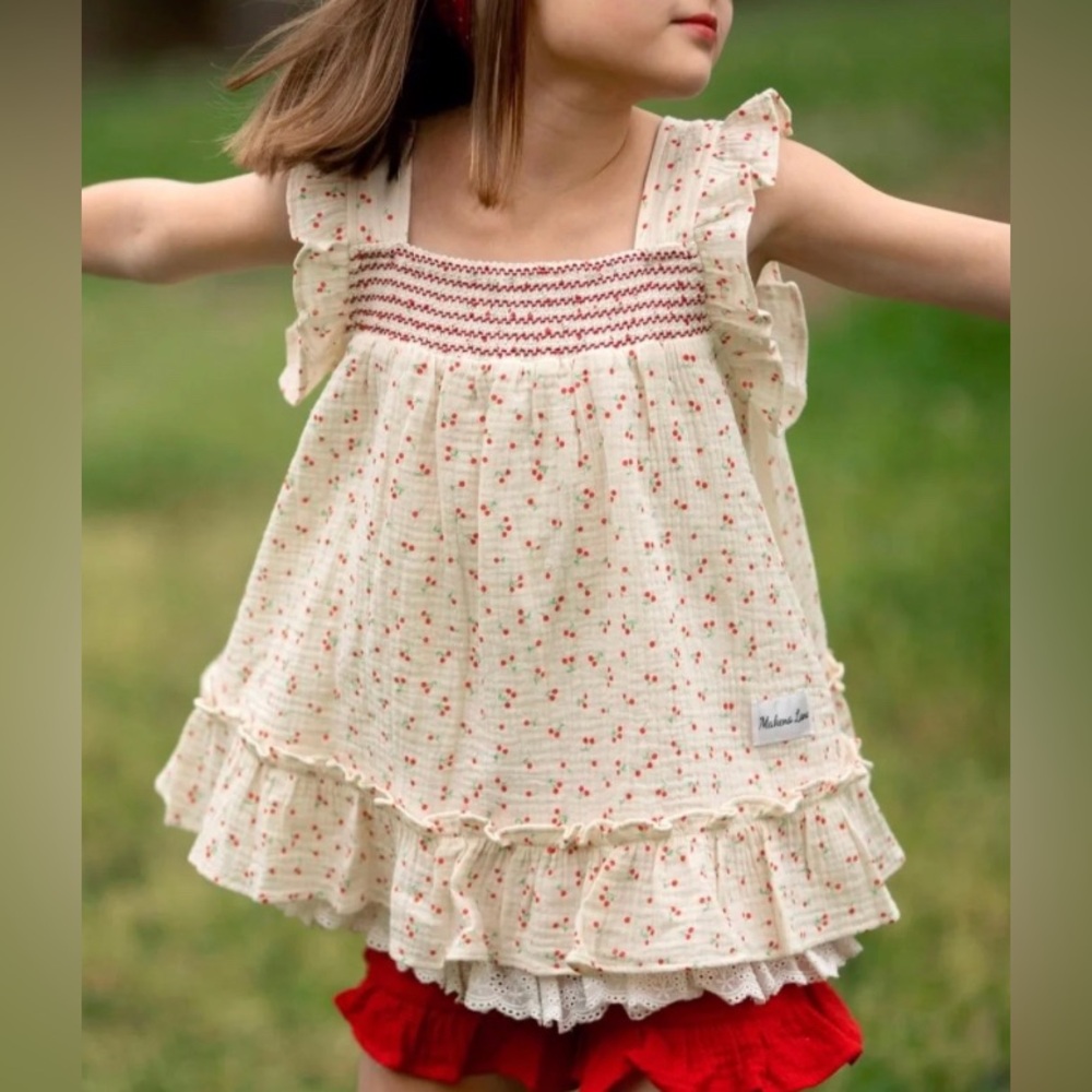 Makena Lane Cherry Ella 100% Cotton Muslin Lace Girls Top Size 4